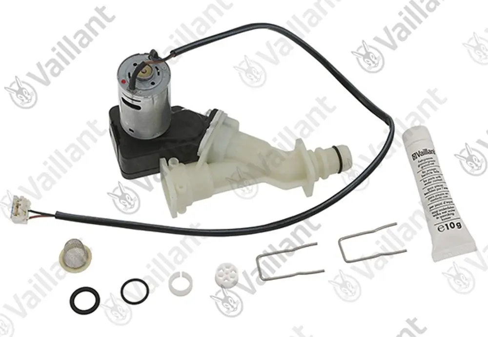 Motorventil aus Kunststoff und Metall mit Motor, Anschlusskabel, O-Ringen und Werkzeug. Vaillant-Produkt für Heizungsanwendungen.